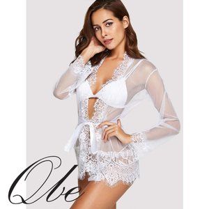QBE Lace Swimsuit Cardigan Trim Cover Up + Thong